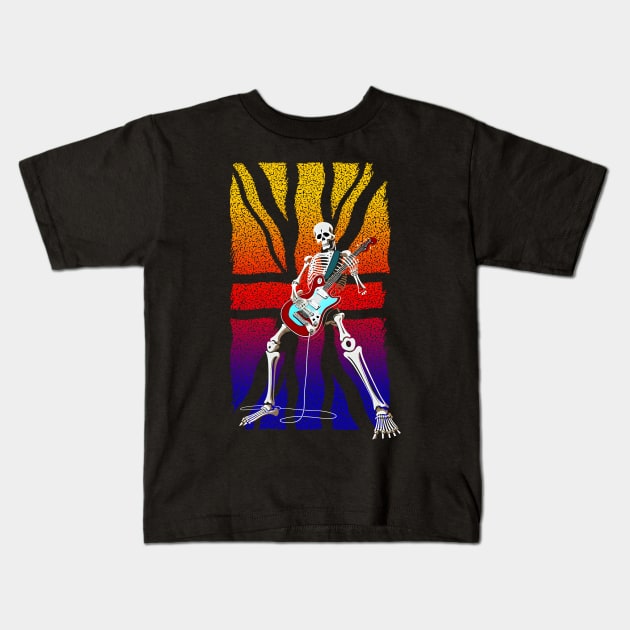 Skeleton Guitar Player, Playing Rock And Roll, Heavy Metal with UK flag in rainbow colors Kids T-Shirt by Lefteris